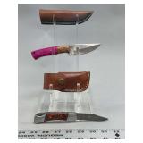 Two Damascus Steel Knives with Custom Leather Sheaths