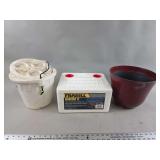 Frabill Habitat II Worm Box, Minno-Therm Bait Bucket, and Plastic Planter Pot