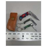 Three Pocket Folding Knives with Leather Sheath and Key Rings