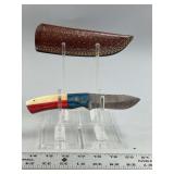 Custom Fixed Blade Damascus Steel Knife with Texas Flag Theme Handle and Leather Sheath