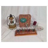 Barware Set with Woven Basket, Wooden Shot Glass Holder, Shot Glasses, Glass Candle Holders, and Lantern Accent