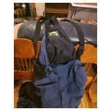 Assorted Outdoor Apparel Including Cabela's Bib Trousers, Camouflage Shirt, and US Military Hot Weather Coat