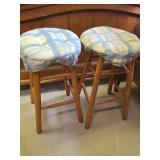 Pair of Wooden Bar Stools with Padded Blue Plaid Cushions
