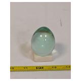 Green Glass Egg Paperweight with Pink Stone Base