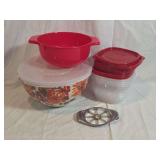 Kitchen Utensil and Food Storage Set Featuring Floral Ceramic Bowl, Colander, and Plastic Containers