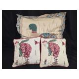 Three Decorative Pillows Featuring Mallard Duck and Golfing Santa Claus Motifs