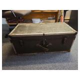 Olive Green Metal-Trimmed Steamer Trunk with Leather Handles and Patterned Paper Interior