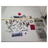 Mixed Lot of Electronics, Hand Tools, Calculators, and Hardware Components