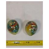 Two Hand-Painted Mineral Egg Sculptures with Pheasant and Floral Motifs