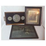 Two Framed Family Portrait Photographs and One Serving Tray with Doily Display