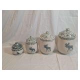 Four-Piece Ceramic Canister Set with Blue Moose Motif and Sponged Glaze Trim