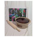 Western Stoneware Covered Casserole Dish, Wooden Rolling Pin, and Glass Cutting Board