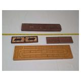 Group of Five Wooden Cribbage Boards Including United States Playing Card Company Board