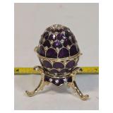 Purple Enameled Hinged Egg Trinket Box with Stand and Rhinestone Accents