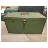 Wooden Fishing Tackle Box with Metal Hardware and Assorted Fishing Lures