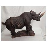 Carved Wooden Rhinoceros Sculpture on Integrated Base