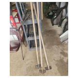 Three Metal Garden Hoes with Wooden Handles