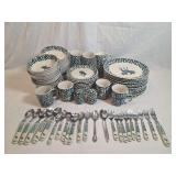 Ceramic Dinnerware and Flatware Set with Moose Motif and Speckled Green Pattern