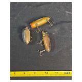 Three Wooden and Plastic Fishing Lures Including Millsite Rattle Bug and South Bend Plugs
