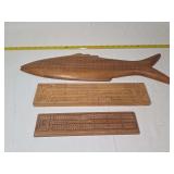 Three Wooden Cribbage Boards Including Fish Shaped Board and Two Rectangular Boards
