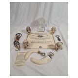Mixed Lot of Decorative Sculptures, Certificate, Bottle Openers, and Glass Jar
