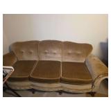 Brown Velour Upholstered Sofa with Carved Wooden Feet