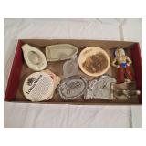 Souvenir and Novelty Items Group including Ceramic Figurines, Metal Trays, and Glassware