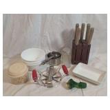 Kitchen Utensils, Measuring Cups, Bowls, and Knife Block