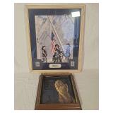 Two Framed Wall Art Pieces Including September 11 Firefighters Print and Praying Hands Glass Art