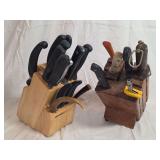 Two Wooden Knife Blocks with Assorted Kitchen Cutlery and Sharpening Steel