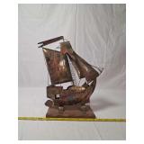 Metal Sailing Ship Wind-Up Musical Model on Wooden Base