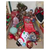 Holiday Decorating Group Including Mikasa Frosted Glass Bell, Ornaments, Figurines, and Tinsel