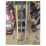 Three Garden Rakes with Various Handles