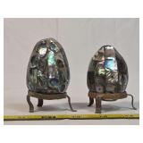 Two Abalone Shell Mosaic Eggs with Metal Stands
