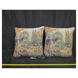 Two Tapestry Throw Pillows Featuring Deer and Forest Motif