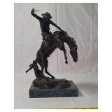Bronze Cowboy on Bucking Horse Sculpture on Green Marble Base