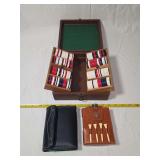 Wooden Poker Chip Box with Chips, Leatherette Bridge Set, and Leather Flask with Golf Tees