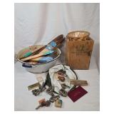 Mixed Lot of Enamel Basin, Decra-Mold Picture Frame Kits, Wooden Crate, Woven Basket, and Hardware