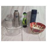 Kitchenware Group Including Thermos Bottles, Glass Mixing Bowl, Floral Ceramic Bowl, and Foil Cups
