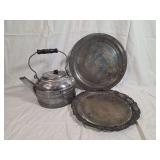 Silver-Plated Serving Trays and Metal Kettle Grouping