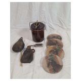 Group of Leather and Metal Flasks, Ceramic Canister, and Stone Coasters