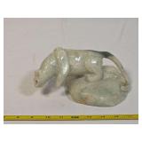 Carved Green Mineral Big Cat Sculpture on Base