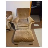 Velour Upholstered Armchair and Ottoman Set with Carved Wood Feet