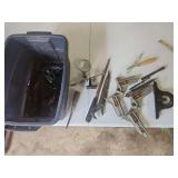 Assorted Hand Tools, Corner Clamps, and Hardware in Plastic Tote