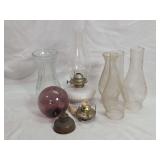 Group of Glass Oil Lamp Parts, Glass Spheres, and Glass Vases