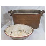 Metal Tub, Enamel Basin, and Glass Footed Vessel