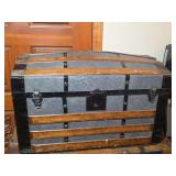 Dome Top Wood and Metal Slatted Travel Trunk with Blue Floral Interior Lining