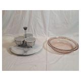 Marble Lazy Susan, Stainless Steel Condiment Caddy with Three Bowls, and Anchor Hocking Pink Glass Pie Dish