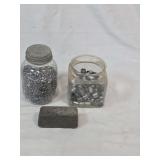 Two Glass Jars of Bullets and Shot with Lead Ingot Bar