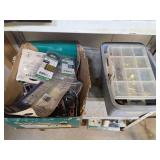 Assorted Hardware, Hinges, Staples, and Fasteners in Storage Boxes